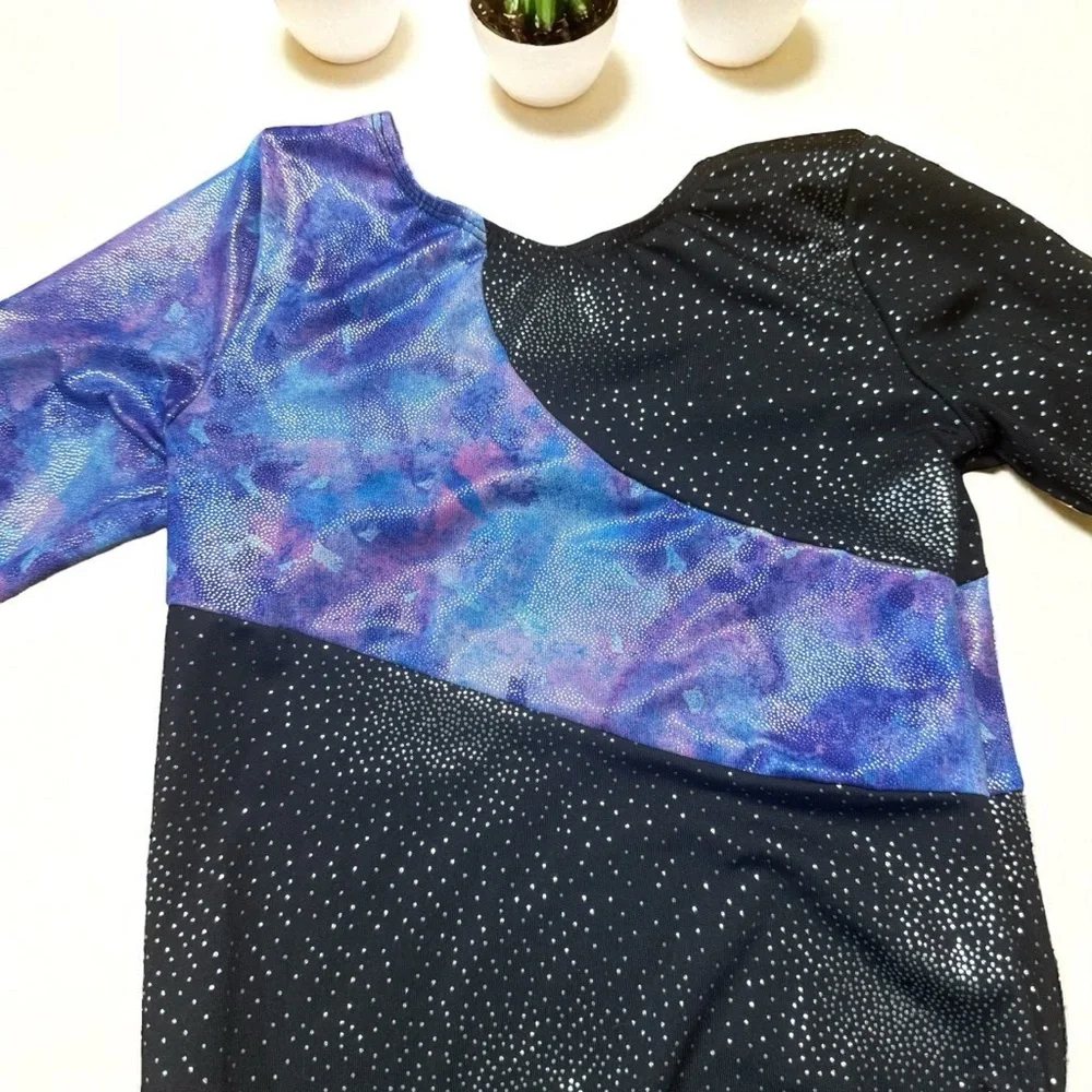 140 (size 9-10) Children's Long Sleeved Leotard in black, purple, and blue